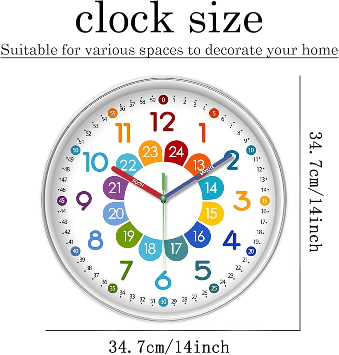 XFM Colorful Kids Wall Clock for Classroom 14 Inch Silent Non-Ticking - Image 6