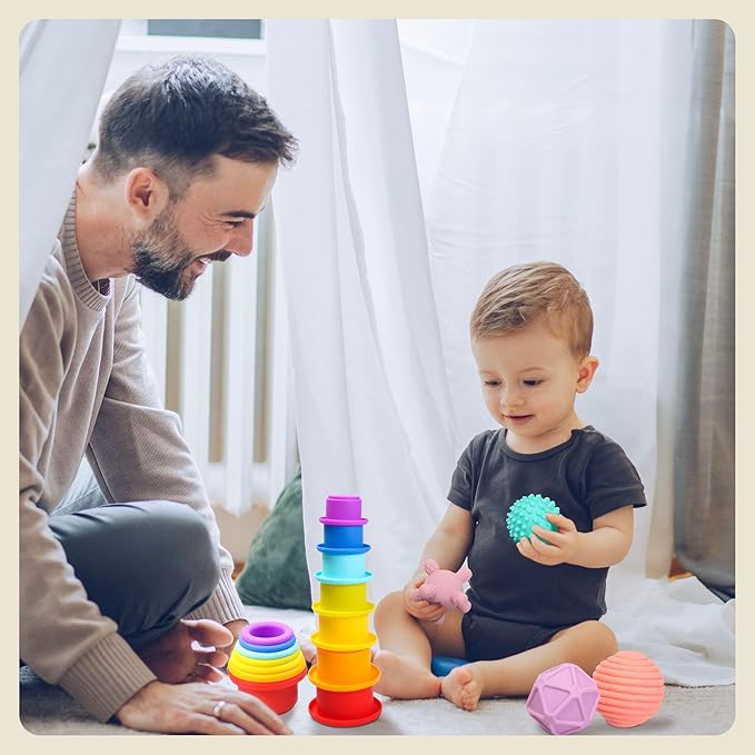Montessori Toys for Babies 6-12 Months,1 Year Old,8 in 1 Baby Sensory Toy for 12-18 Months Toddler,Wooden Educational Development Toys with Soft Stacking Cup&Sensory Ball&Tissue Box