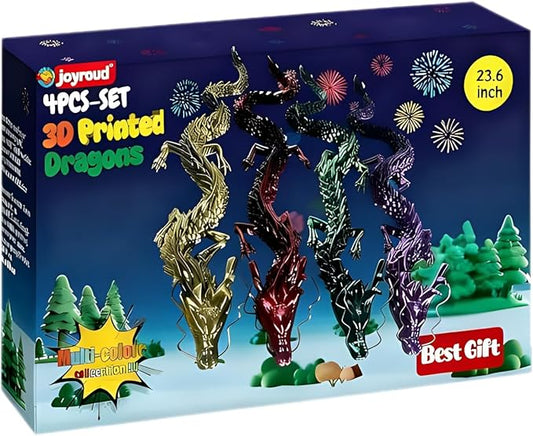 4-Pack Big 24 Inch 3D Printed Dragon Fidget Toy, Articulated Chinese Dragon Action Figure with Gift Box - Christmas Gift, Imaginative Play, Office Desk Decor & Collectible Figurine for Kids & Adults