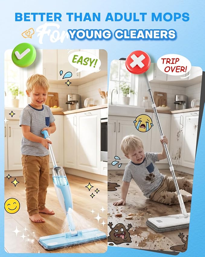 Kids Spray Mop, Blue Toddler Cleaning Set with Refillable Water Spray Tank, Lightweight Pretend Play Mop Toy for Boys Girls, Montessori Housekeeping Toy Gift - Image 4