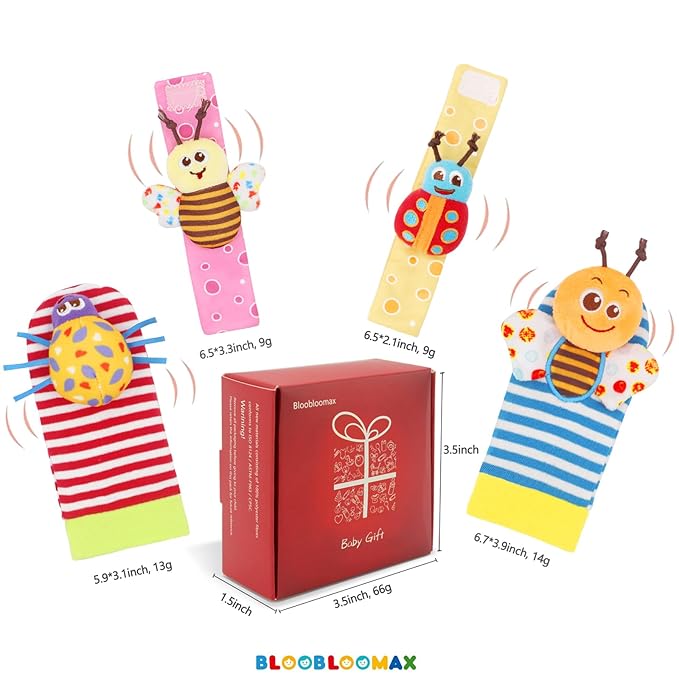 Bloobloomax Wrist Rattle Socks and Foot Finder Set, Infant Girl Boy Toys for Babies 0-36 Months, Newborn Hand & Foot Toys for 0 to 3 Years, Baby Shower Gifts Set (Wine Red Gift Box)