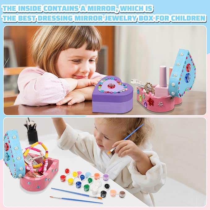 Kigley 6 Sets Paint Your Own Box Kit for Girls DIY Wooden Jewelry Box Unfinished Heart Boxes Arts and Craft Painting Gift Kits Christmas Crafts for Toddler Kids Ages 3-12 Year Old