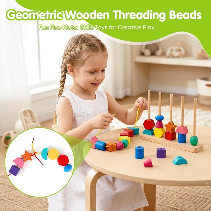 Montessori Wooden Threading Beads Set for Toddlers 3 4 5, Bead Sequencing & Stacking Toy with Pattern Cards, Lacing Beads, Shape Matching Stacker, Fine Motor STEM Learning Gift - Image 4