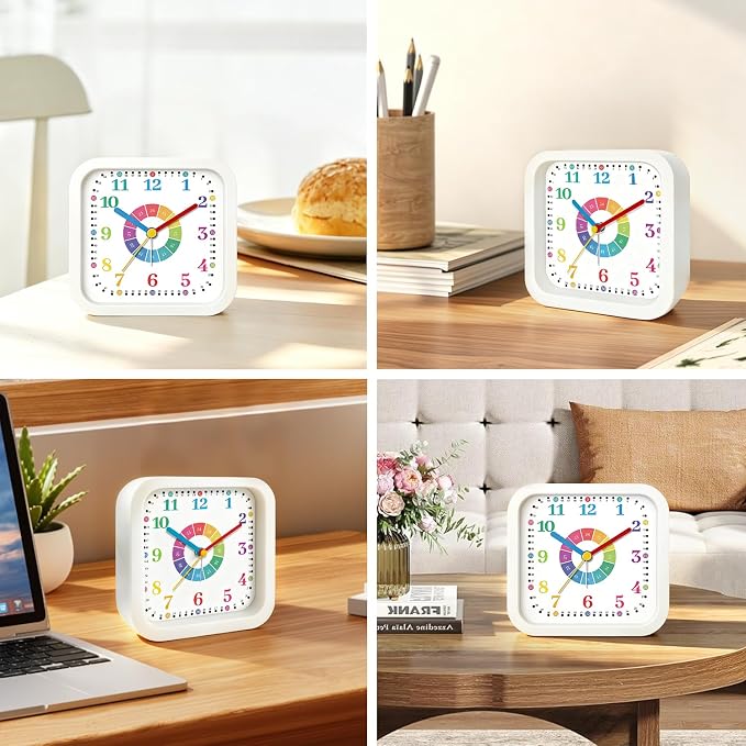 Modern Silent Analog Battery Operated Alarm Clock, 4.5" Loud Alarm Clock for Heavy Sleepers with Unique Dial & Numbers, Plastic Desk Learning Clock for Kids Bedroom Classroom Dorms, White - Image 8