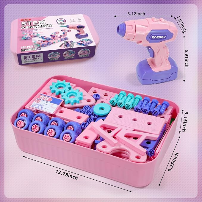 VEAIS Pink Kids Tool Set for Girls,Tool Set with Drill &Toolbox,STEM Montessori Toys for 3 4 5 Year Old,Pretend Play Kid Toy,Educational Construction Toy for 3-6 Year Old Girl,Birthday Gift for Kids - Image 7