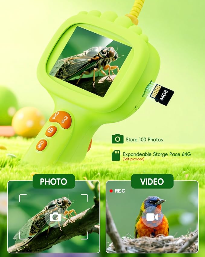 Borescope Camera with Light for Kids, Ashfly STEM Science Educational Toy for 3 4 5 6 7 8 Years Old Boys & Girls, 2.4" Screen Snake Scope Camera for Birthday Outdoor Camping Nature Exploration-Green - Image 2