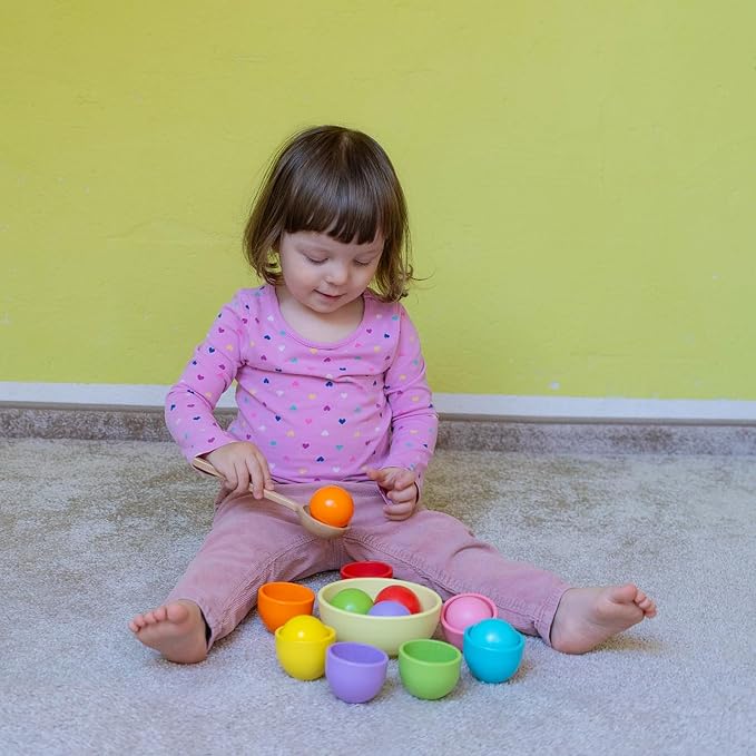 Montessori Larger Ball in Cup Color Sorting Toy for Toddlers Wooden Rainbow Ball Color Matching Toy - 7, 46mm - Image 3