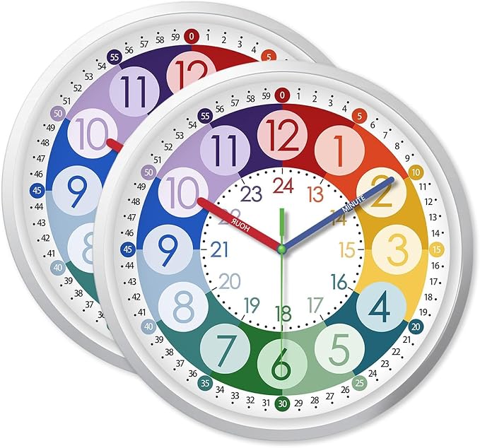 XFM 2 Pieces Colorful Learning Clock for Kids 8 Inch Silent - Image 6