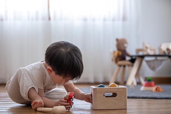 PlanToys® Punch and Drop Wooden Montessori Fine Motor and Cause and Effect Toy in Orchard Shade | Early Coordination and Tactile Learning Activity | Eco Friendly Hammer and Ball Set