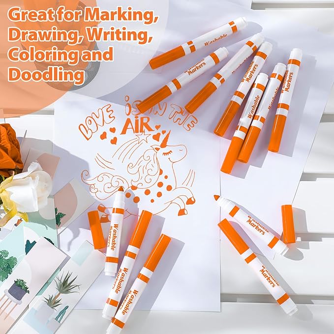 Janlaugh 36 Pcs Orange Washable Markers Bulk Coloring Broad Line Markers for Kids Conical Tip Drawing Pen for Christmas, School Supplies, Travel Art Baby Shower Gender Reveal Party Supplies, Ages 6+