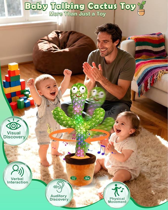 Pbooo Talking Dancing Cactus Toy for Baby, Repeats What You Say & Recording, 120 Songs Interactive Musical Toy with Volume Control, Light Up Tummy Time Infant Toys for 6 12 Months, 1 Year Old Gifts