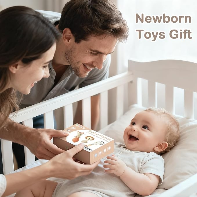 Baby Rattles - Teething Toys 3-6 Months, Baby Toys 0-6 Months, Sensory Toys for Newborn Babies, Rattles for Babies 0-6 Months, Neutral Color Baby Shower Gift (3PCS)