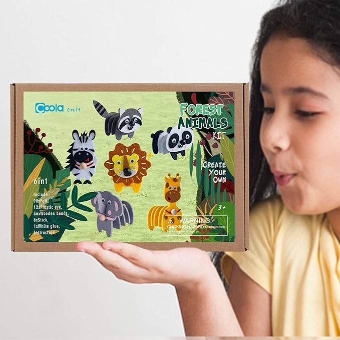 Animals Craft Kit - Educational Toys for Kids, Felt Craft Kit Including 6 Wild Friends, Elephant Zebra Panda Lion Raccoon Giraffe, DIY Activity Birthday Gifts for Boys & Girls Ages 3 4 5 6 and Up