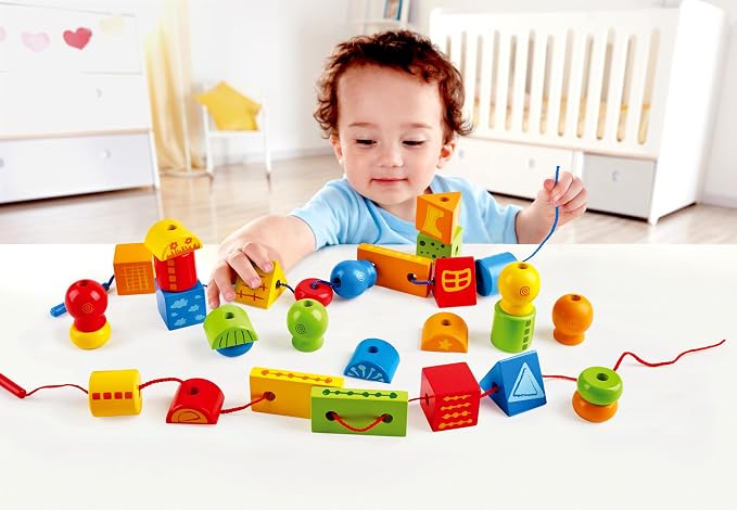 Hape String Shapes Wooden Toy Blocks in 32 Pieces, 3+ Years, Water Based Paint, String - Image 2