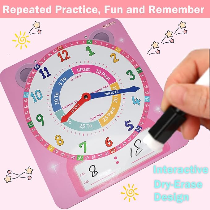 Teaching Clocks for Kids, Large Magnetic Writable Dry Erase Learning Clock with Pen,12" Teaching Demonstration Clock Learning Time to Tell Time for Kids Home School Classroom Supplies-Pink - Image 6