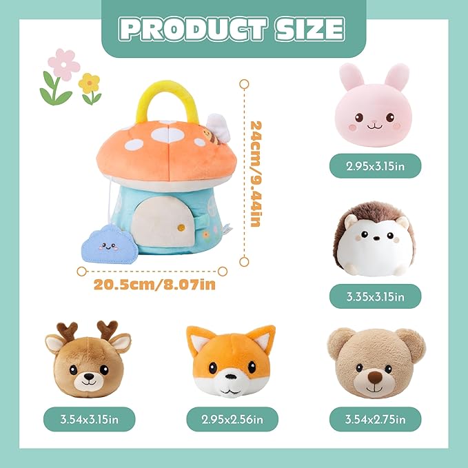 Baby Toys 6-12 Months - My First Mushroom House with 5 Stuffed Forest Animals, Busy Montessori Toys with Rattle, Crinkle, Squeaker, Mirror, Sensory Toys, Christmas Birthday Gift
