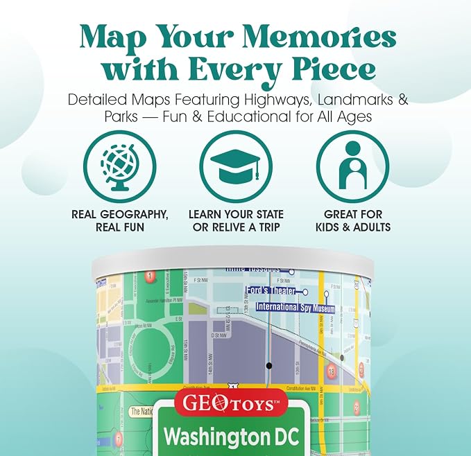 Geotoys Washington, D.C. Mini Puzzle - 100 Piece Puzzles for Kids and Adults in Portable Can, 13" x 10" Educational Travel Puzzle for Ages 7 and Up - Mini Puzzles to Learn & Explore Geography - Image 4