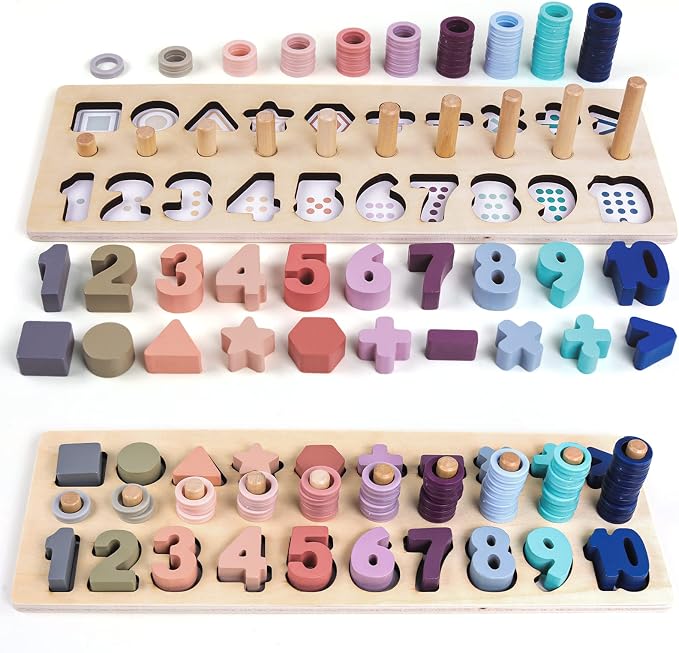 QZMTOY Counting Shape Stacker Wooden Count Sort Stacking Tower with Wood Colorful Number Shape Math Blocks for Kids Preschool Educational Toddlers Toy by QZMTOY