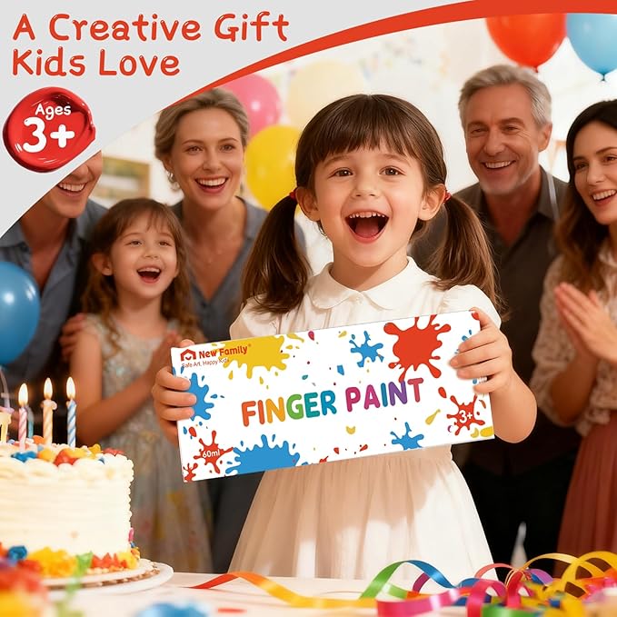 NewFamily Washable Finger Paint for Toddlers & Kids, 10 Large 2 fl oz (60 ml) Bottles, Non-Toxic Finger Paint, Mess-Free Squeeze Bottles, Art Supplies for Home, Preschool & Classroom
