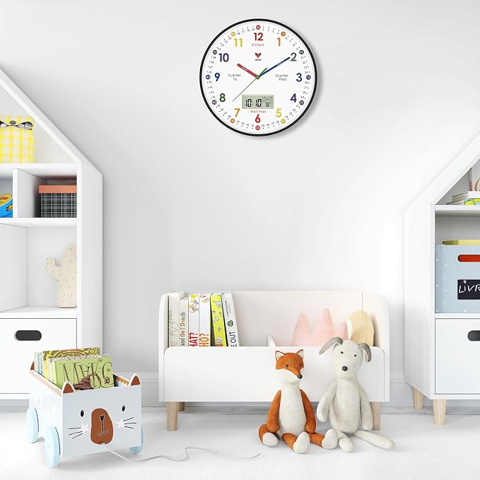 Foxtop Digital and Analog Learning Clock for Kids - Telling Time Teaching Clock 12 Inch Silent Non-Ticking Battery Operated Kids Wall Clock for Kids Room Playroom Nursery Classroom School (Black) - Image 4