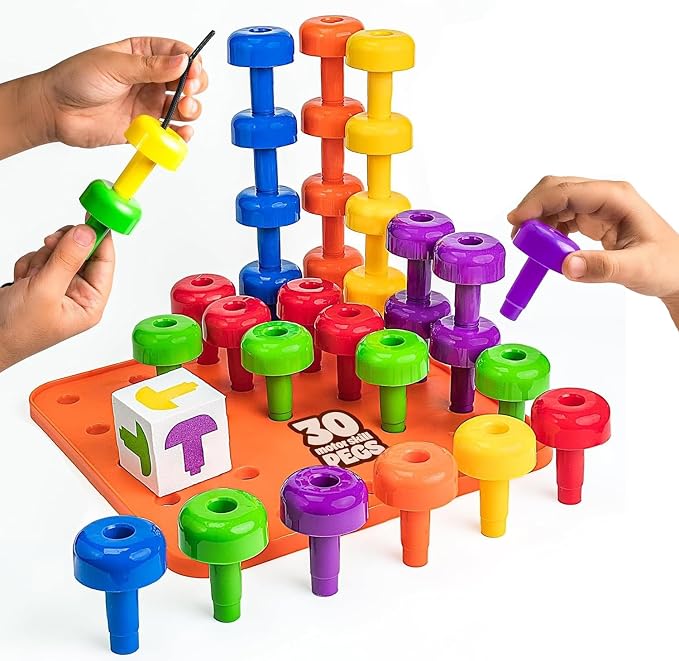 Skoolzy Peg Board Set, Montessori, 33 Pc Plastic, Pegs, Dice, Lacing by Skoolzy