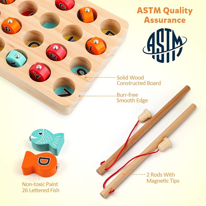 Coogam Wooden Magnetic Fishing Game, Fine Motor Skill Toy ABC Alphabet Color Sorting Puzzle, Montessori Letters Cognition Preschool Gift for Years Old Kid Early Learning with 2 Pole - Image 6