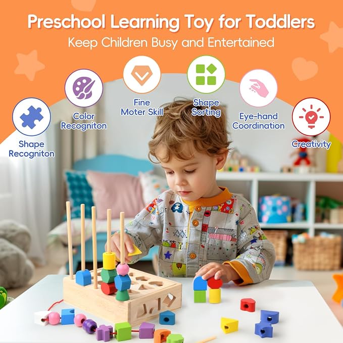 Sewulidon 3 in 1 Wooden Color Sorting Stacking Toys, Montessori Toys Geometric Shape Sorter Matching Lacing Beads Sequencing Toy Set Preschool Learning Fine Motor Skills for Toddlers 3 4 5 Years - Image 4