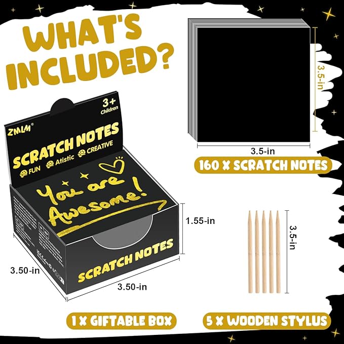 ZMLM 165 Rainbow Scratch Paper Art Crafts Mini Notes Kids Gifts 4 5 6 7 8 9 10 Years Old Girls Boys Students Teens Classroom Prizes School Supplies Birthday Party Travel Toy Activity(Gold)