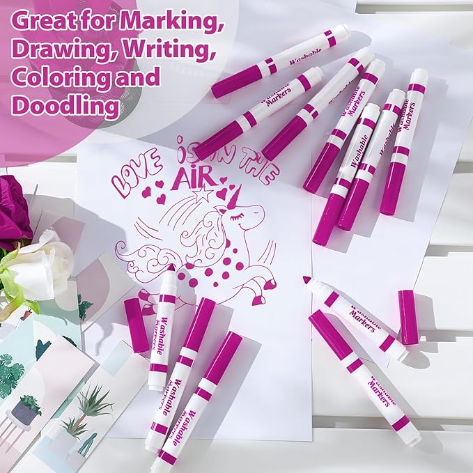 Janlaugh 36 Pcs Rose Pink Washable Markers Bulk Coloring Broad Line Markers for Kids Rose Pink Conical Tip Drawing Pen for Christmas School Travel Art Baby Shower Gender Reveal Party Supplies, Ages 6+
