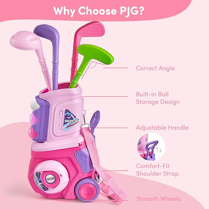 PJG Toddler Golf Set, Plastic Kids Golf Clubs 3-5 with 4 Golf Clubs and 10 Balls, Indoor and Outdoor Golf Toys with Cart for Toddlers Boys and Girls Aged 1 2 3 4 5 Years Old Birthday (Pink)