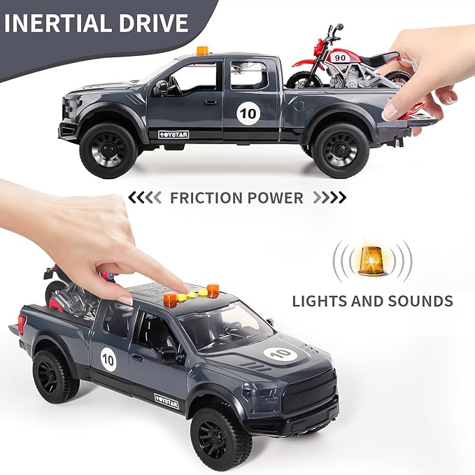 Pickup Truck Toy with Motorcycle, Featuring Lights and Sound Effects,Toy Car with Opening Doors, Toy Cars Gifts for 3+ Year Old Kids(Grey Pickup)