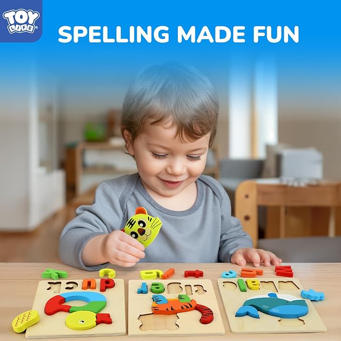 TOY Life Toddler Puzzles Ages 2-4, 6 Animals with Spelling Wooden Puzzles for Toddlers 3-5, Montessori Toys Gifts for 1 2 3 Years Old Boys Girls, Christmas Birthday Gifts Learning Toys for Kids