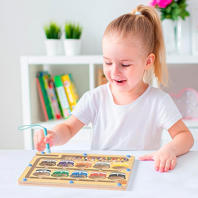 Magnetic Numbers Maze Toy for Kids with Colorful Beads, Montessori-Inspired Fine Motor Skills Learning Puzzle, Educational Counting and Sorting Game, Eco-Friendly Wooden Design