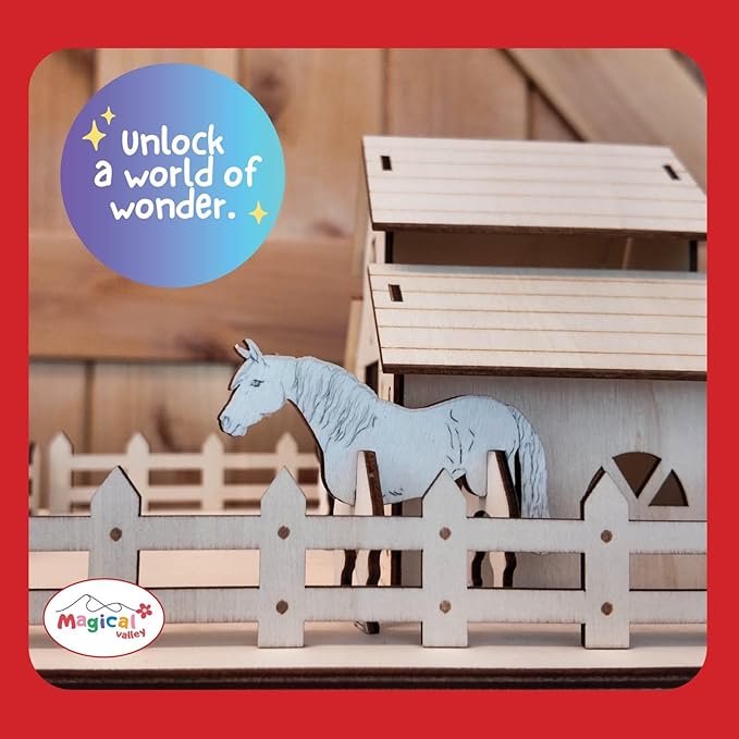 Magical Valley Horse Barn Craft Kit for Kids DIY Wooden Barn Building Set | Creative, Hands-On Arts & Crafts Activity for Horse Lovers | Imaginative Gift for Girls & Boys Ages 5-12