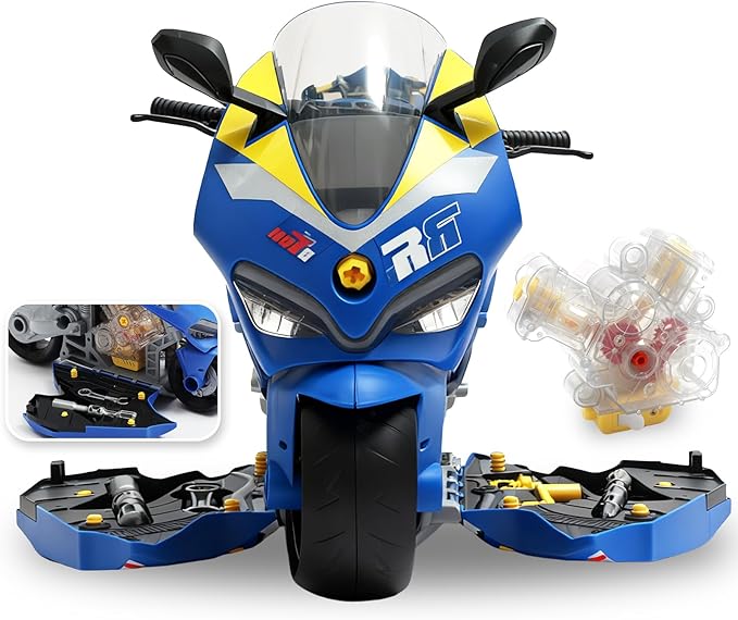 Take Apart Motorcycle Toys Kit, Motorcycle Model Toys for Kids Mechanic,Motorcycles Toy with Light, Sound & Spray for Toddlers 3+ Kids,Interactive Toy Engine Building Kit, Blue