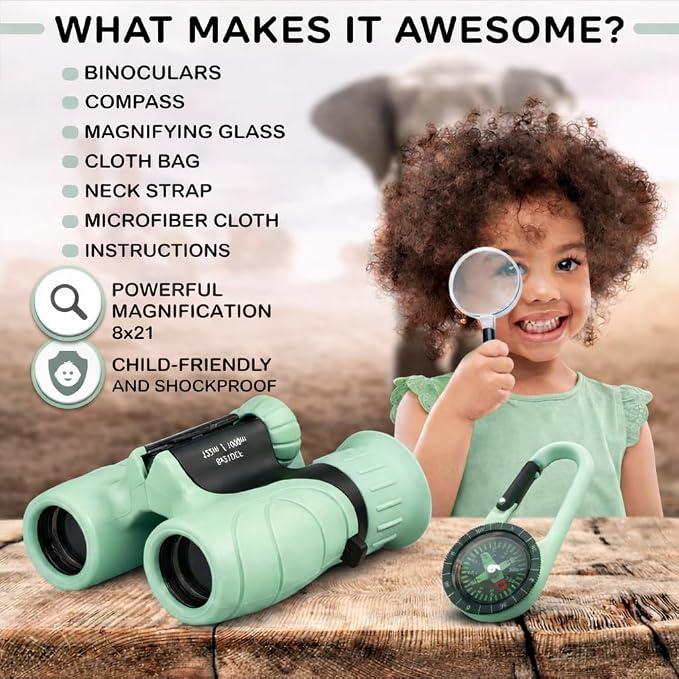 Binoculars for Kids – Perfect Toy for Little Boys and Girls – Extensive Set Incl. Magnifying Glass & Compass – Powerful Magnification 8X21 – 3 to 12 Year Old Kids for Toddler - Image 3