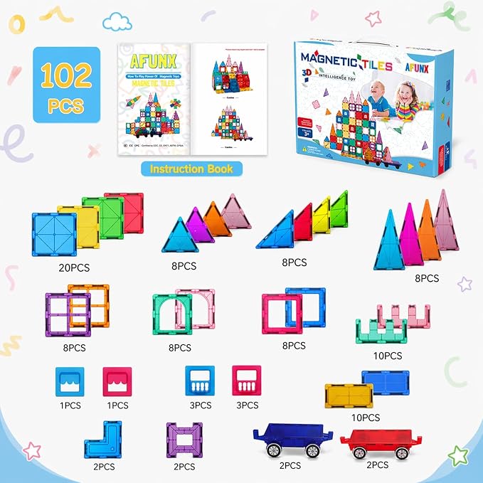 AFUNX 102PCS Magnetic Tiles for Kids,Strong Magnets,3D Clear STEM Toys - Image 7