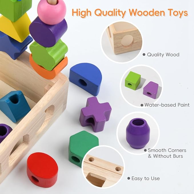 Sewulidon 3 in 1 Wooden Color Sorting Stacking Toys, Montessori Toys Geometric Shape Sorter Matching Lacing Beads Sequencing Toy Set Preschool Learning Fine Motor Skills for Toddlers 3 4 5 Years - Image 5