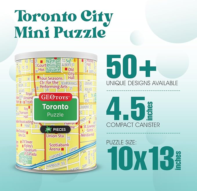 Geotoys Toronto Mini Puzzle - 100 Piece Puzzles for Kids and Adults in Portable Can, 13" x 10" Educational Travel Puzzle for Ages 7 and Up - Mini Puzzles to Learn & Explore Geography - Image 2