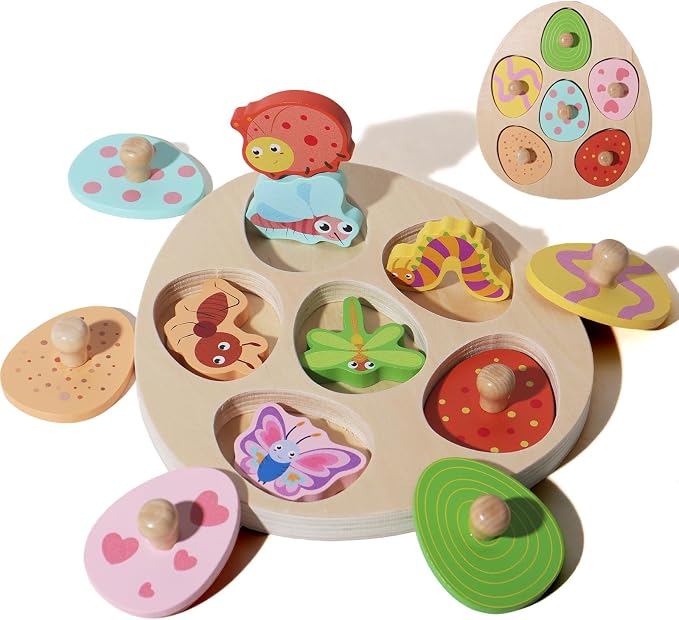 Montessori Insect Matching Eggs Peg Puzzle, Wooden Color Shape Sorting Toy for 1 Year Old Boys Girls, Early Educational Fine Motor Skills Learning Toy Gifts for 12-18 Months 1 2 Year Old Toddlers by WISBOOK