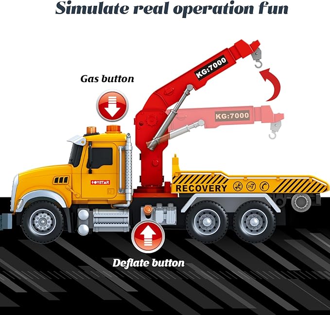Friction Powered 15 Inch Large Tow Truck Toy with Lights & Sounds, Movable Crane Arm, Tilt Ramp & Roadster - Vehicle Play Set Gift for Boys Girls Kids Ages 3-7