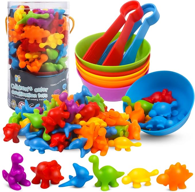 GKDOMS Counting Dinosaurs Toys Matching Game with Sorting Bowls Preschool Learning Activities Montessori Sensory Toys for Math Color Sorting, Party Favors Birthday Gift for Toddlers by GKDOMS