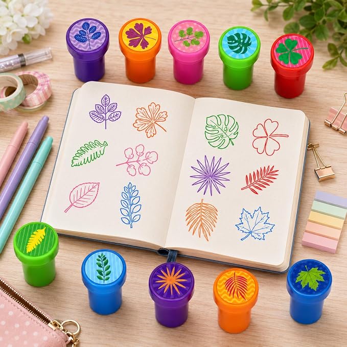 Cinrobiye 24 Pcs Nature Leaf Stampers for Kids, Pre-Inked Leaf Party Favor Set, Forest Theme Birthday Party Supplies, Classroom Rewards, Goody Bag Fillers, Piñata Fillers, Treasure Box Toys - Image 4