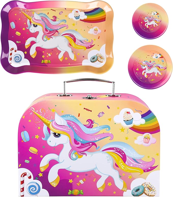 Auney Tea Party Set Toys for Girls, Tin Unicorn Tea Set Pretend Play Girls Toys Gifts for Age 3-6, Kids Toys Gifts for Toddlers Including Carrying Case (New Unicorn)