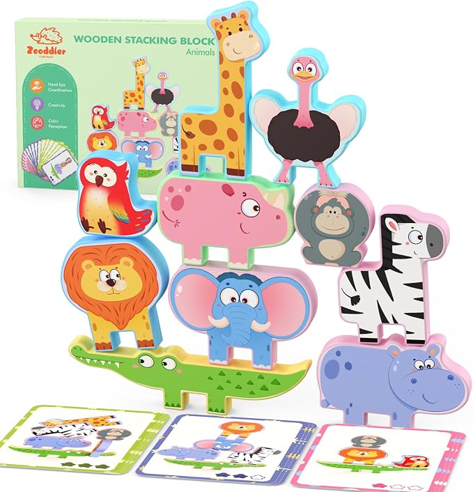 Zeoddler Montessori Toys for Toddlers, 10 Pack Wooden Animal Stacking Blocks, Sorting & Stacking Preschool Learning Activities, Gift for Boys, Girls by Zeoddler