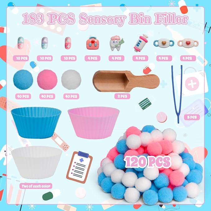 183pcs Doctor Play Set Sensory Bin Filler Fine Motor Toys Pretend Play Doctor Kit Sensory Bin Items Toy Capsules Tooth Model Doctor Toy Bag Face Mask Toy Pretend Shot for Preschool Education Activity - Image 3