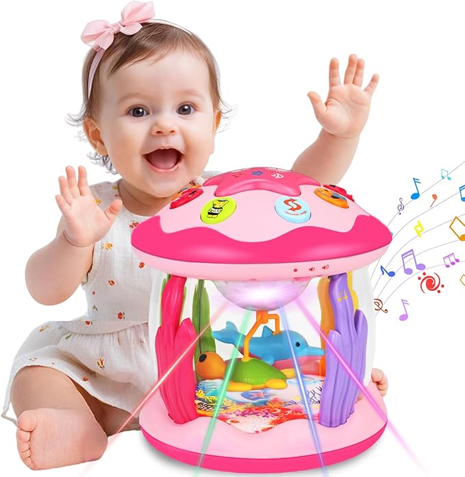 Hapyland Baby Toys 6-12 Months Girl Gifts: Babies Ocean Rotating Light Up Musical Toys for Toddlers 1 2 Year Old Crawling Learning Infant Toy 6 7 8 9 10 11 12 Months Old Baby Girl Gift (Pink)