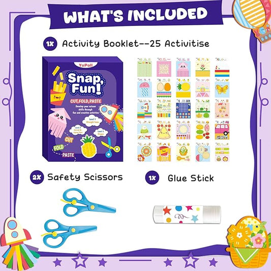 YoPoll Scissor Skills Activity Book for Kids, Toddler Arts and Crafts Kit with 2 Safety Scissors, Preschool Learning Toy for Fine Motor Skills and Creative Cutting Practice, Fun Gift for Boys & Girls