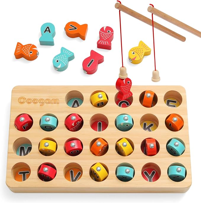 Coogam Wooden Magnetic Fishing Game, Fine Motor Skill Toy ABC Alphabet Color Sorting Puzzle, Montessori Letters Cognition Preschool Gift for Years Old Kid Early Learning with 2 Pole by Coogam