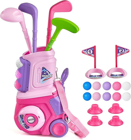 PJG Toddler Golf Set, Plastic Kids Golf Clubs 3-5 with 4 Golf Clubs and 10 Balls, Indoor and Outdoor Golf Toys with Cart for Toddlers Boys and Girls Aged 1 2 3 4 5 Years Old Birthday (Pink)